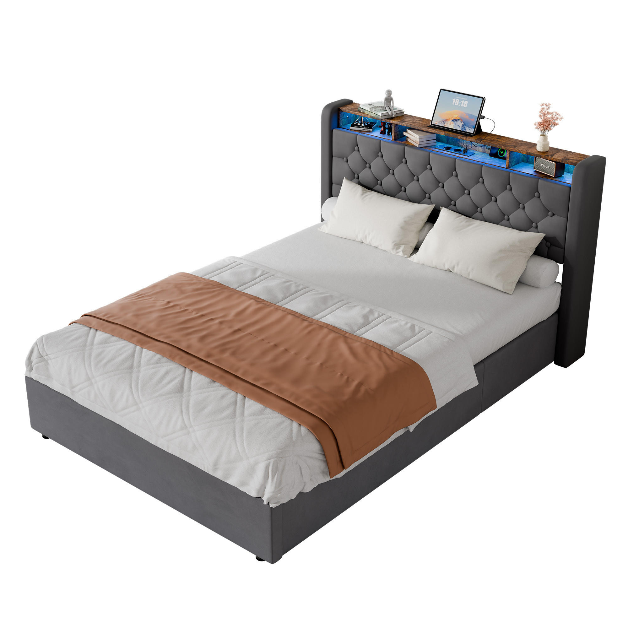 POLSTERBETT 140/200 cm in Dunkelgrau Samt mit Bettkasten, LED-Beleuchtung und USB-Anschluss - Dunkelgrau, Holzwerkstoff/Textil (140/200cm) - CHICFURN