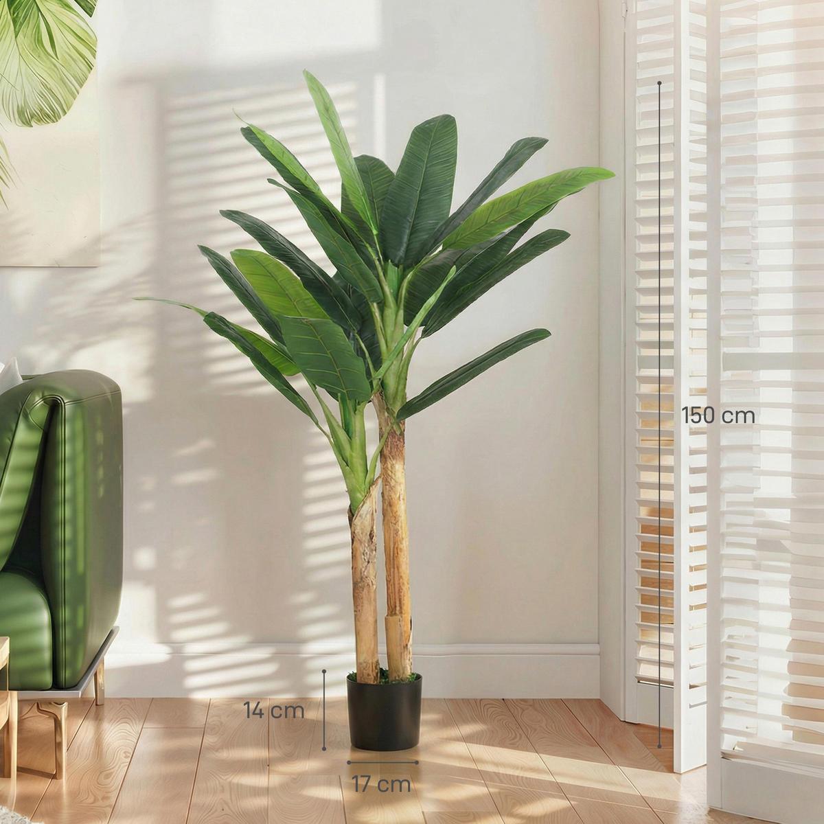 KUNSTPFLANZE, Künstlicher Bananenbaum 150 cm, 2 Stämme, mit Topf, für Zuhause & Büro, Grün - Multicolor, Kunststoff (150cm) - FORIOUS