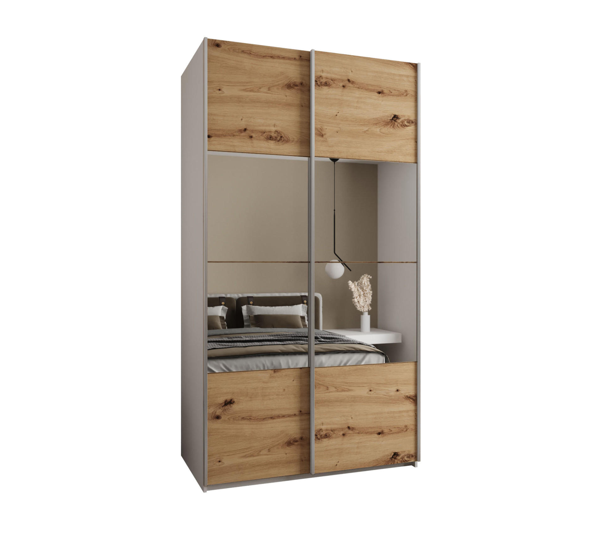 Abiks Möbel Schwebetürenschrank Weiß, Eiche Artisan, Silber 140x245x64 cm
