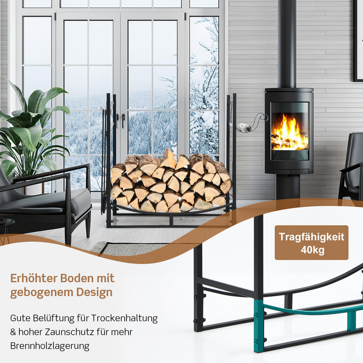KAMINHOLZREGAL Schwarz - Schwarz, Metall (33/76/76cm) - COSTWAY