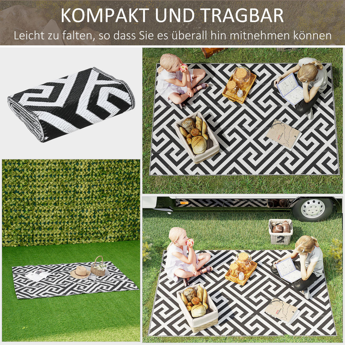 OUTDOORTEPPICH, PP-Kunststoff, Schwarz+Weiß - Schwarz, Kunststoff (182/121cm) - Outsunny