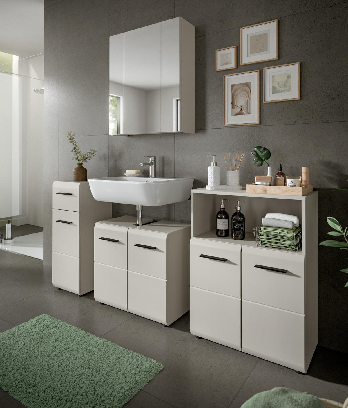 BADMÖBEL-SET Kaschmir 135 cm 3-teilig, Badezimmer Schränke in modernem Design - Kaschmir/Schwarz, Glas/Holzwerkstoff (135/185/30cm) - Inn.Furn