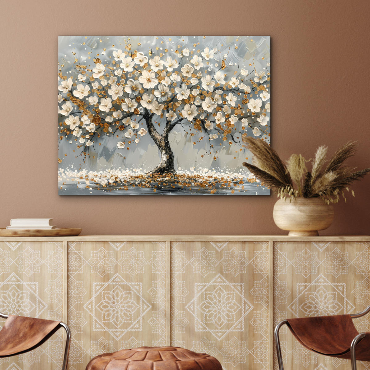 KOVOVÝ OBRAZ Strom - Kvety - Biela - Príroda - Umenie 80x60 cm - biela, kov (80/60cm) - MuchoWow