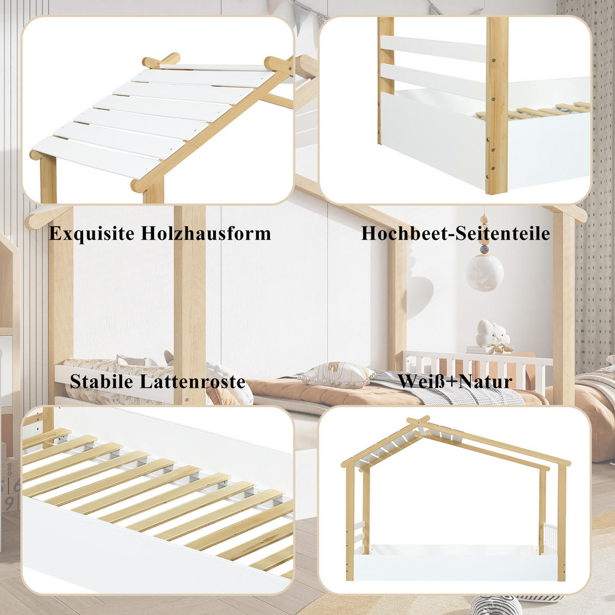 HAUSBETT 90/200 cm Weiß/Natur aus Kiefer, Spanplatte und MDF mit Holzhausdesign - Weiß, Holz (90/200cm) - OKMYHOME