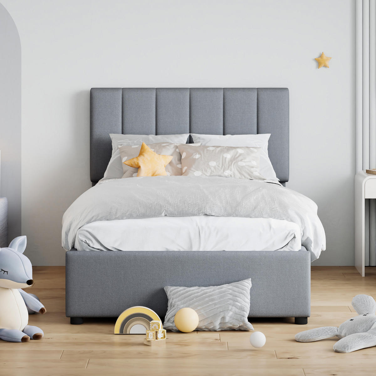 POLSTERBETT 90/200 cm grau hydraulisches Stauraumbett mit verstellbarem Kopfteil - Grau, Textil (90/200cm) - OKWISH