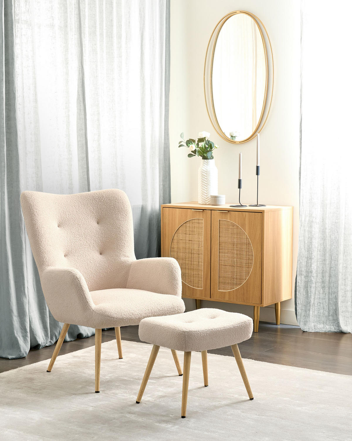SESSEL Bouclé beige mit Hocker Vejle - Hellbraun/Beige, Textil (67/95/52cm) - Beliani