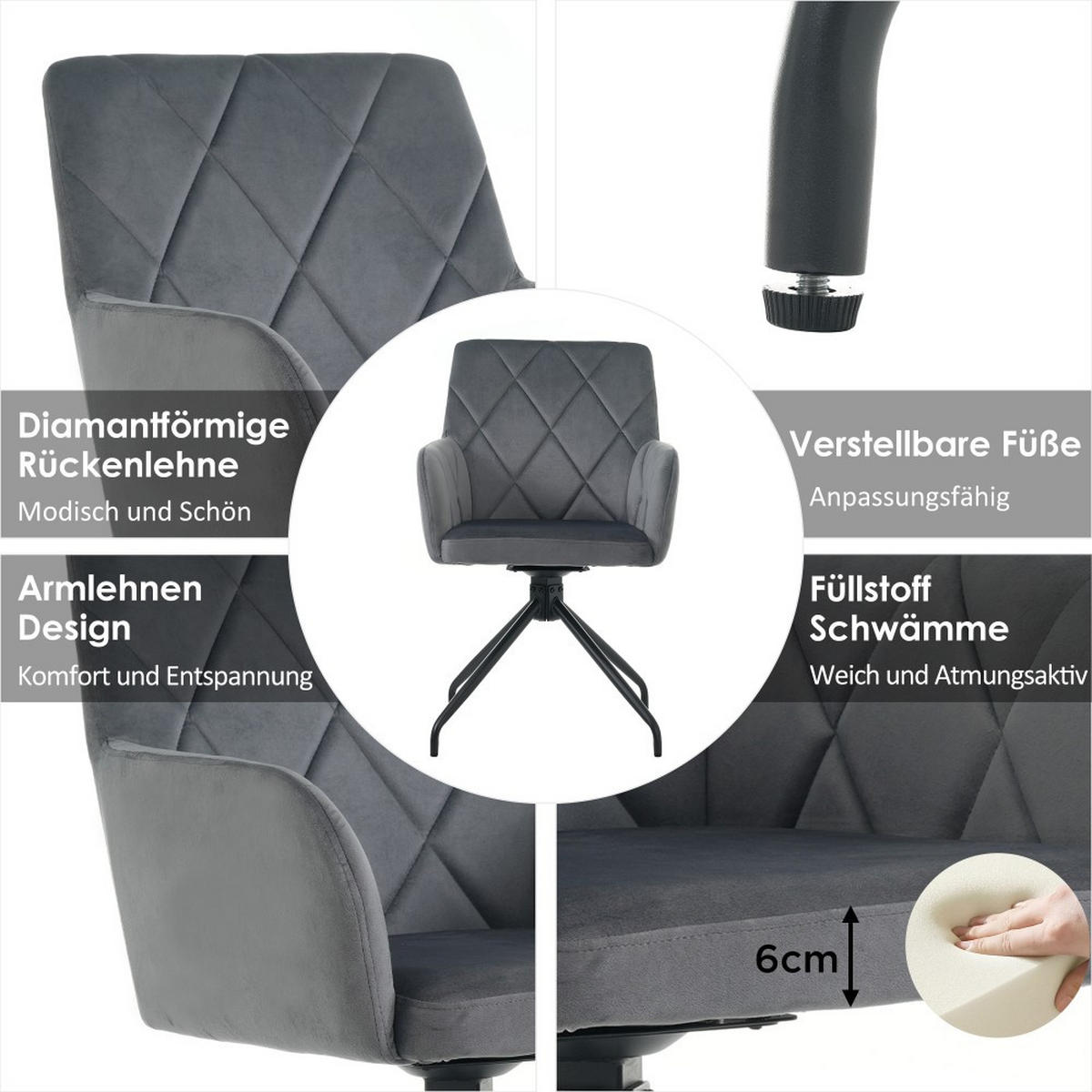 STUHL SET 4 Stück 360° Drehbarer mit Rautenmuster in anthrazit - Hellgrau, Textil (54/85/60cm) - KOMHTOM