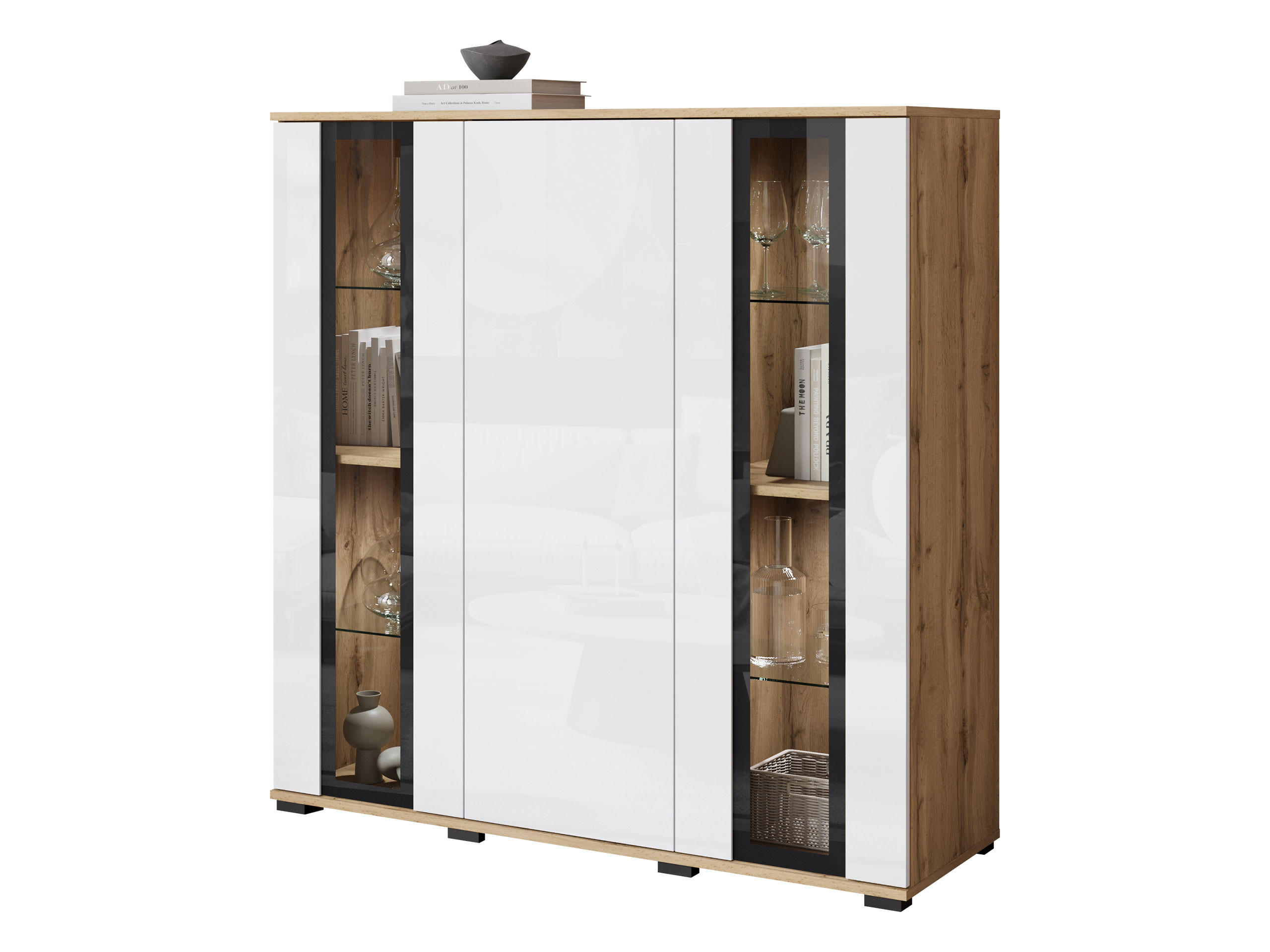KOMMODE Caro HB 120 mit weißer LED Beleuchtung - Eiche Wotan/Schwarz, Holzwerkstoff/Kunststoff (120/122/40cm) - MIRJAN24