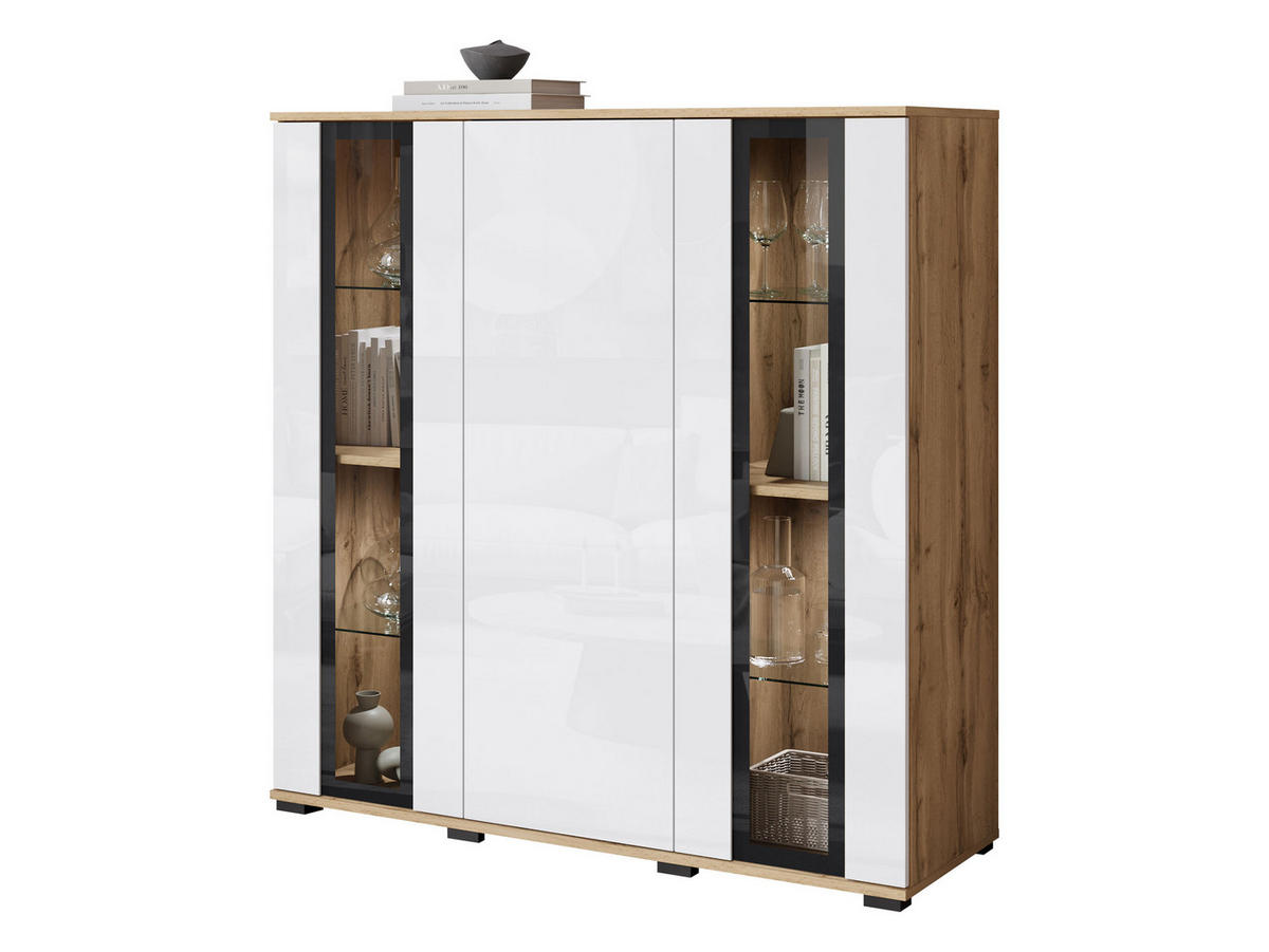 KOMMODE Caro HB 120 mit weißer LED Beleuchtung - Eiche Wotan/Schwarz, Holzwerkstoff/Kunststoff (120/122/40cm) - MIRJAN24