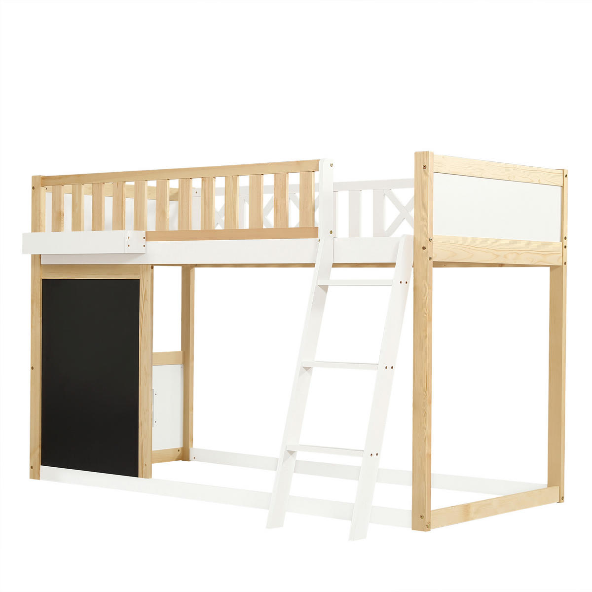 HOCHBETT 90x200 cm aus Massivholz & MDF mit Tafel und Aufbewahrungsbox, weiß-natur - Naturfarben, Holzwerkstoff (90/200cm) - Luhomfu