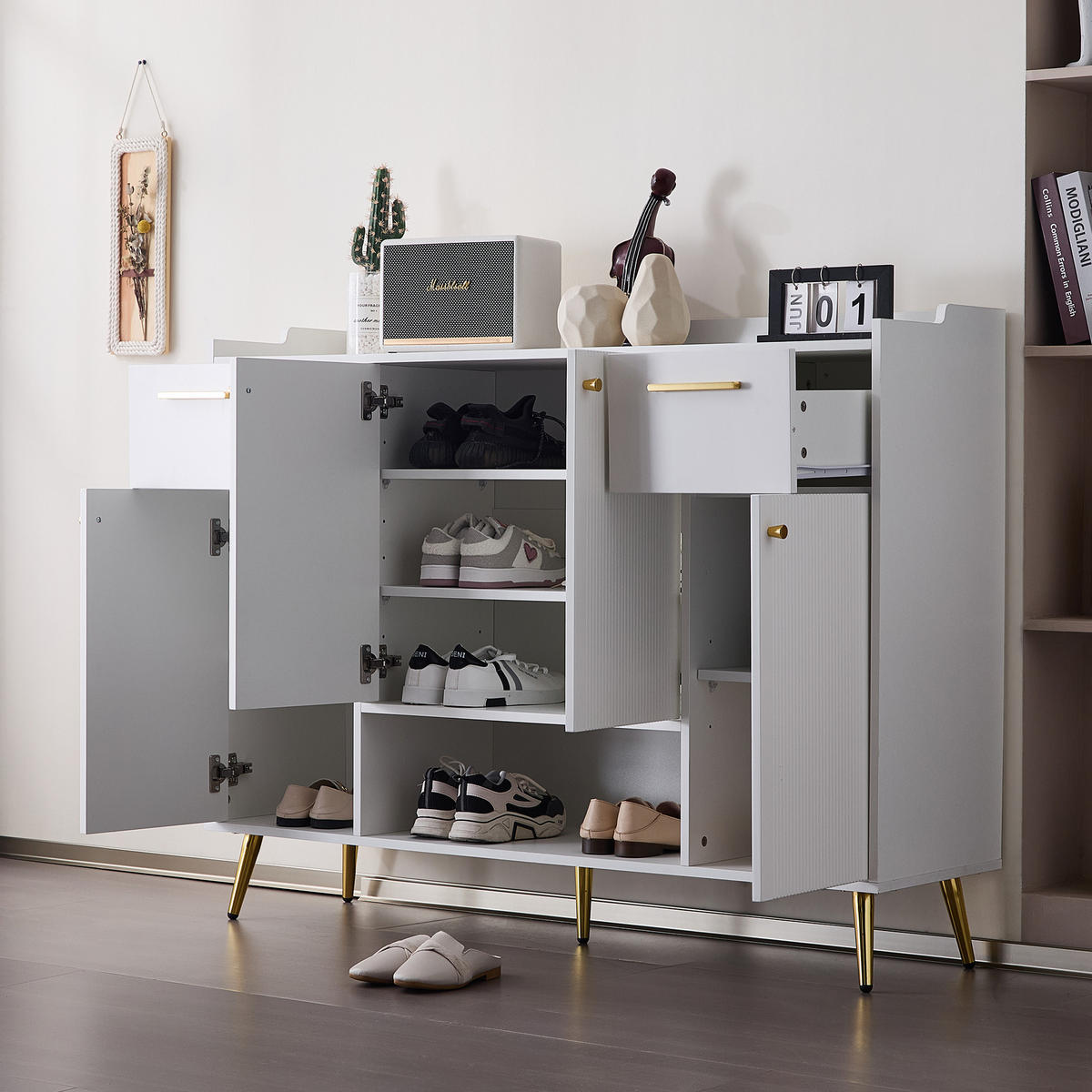 SCHUHSCHRANK mit 4 Türen Weiß 130x37x100cm - Weiß, Holzwerkstoff (37/100/130cm) - FLIEKS