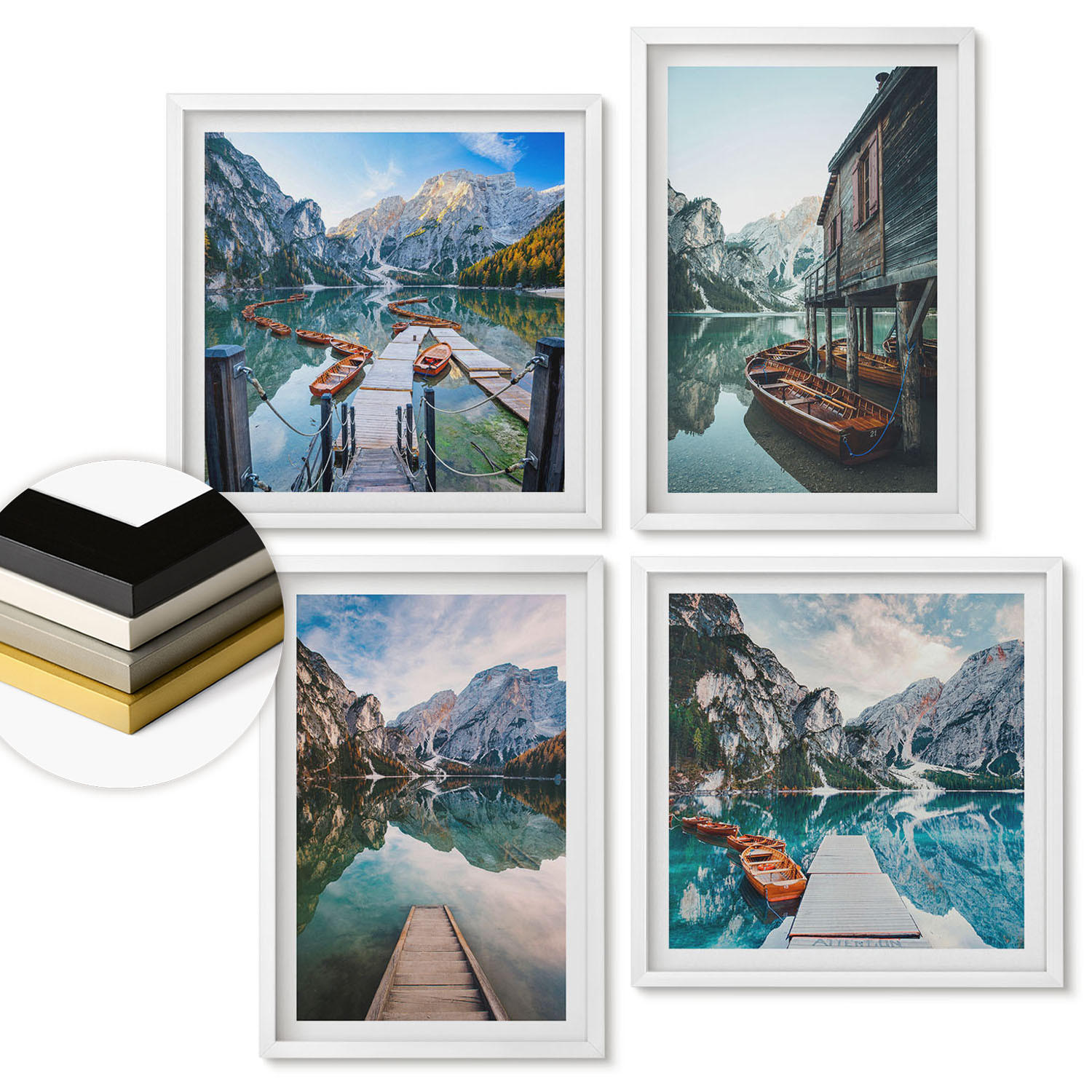 WANDBILDER 4er-Set - 50x50 cm & 40x60 cm Weißer Rahmen - See Berge Holzboote - Weiß, Kunststoff (50/50cm) - ArtPrintCave