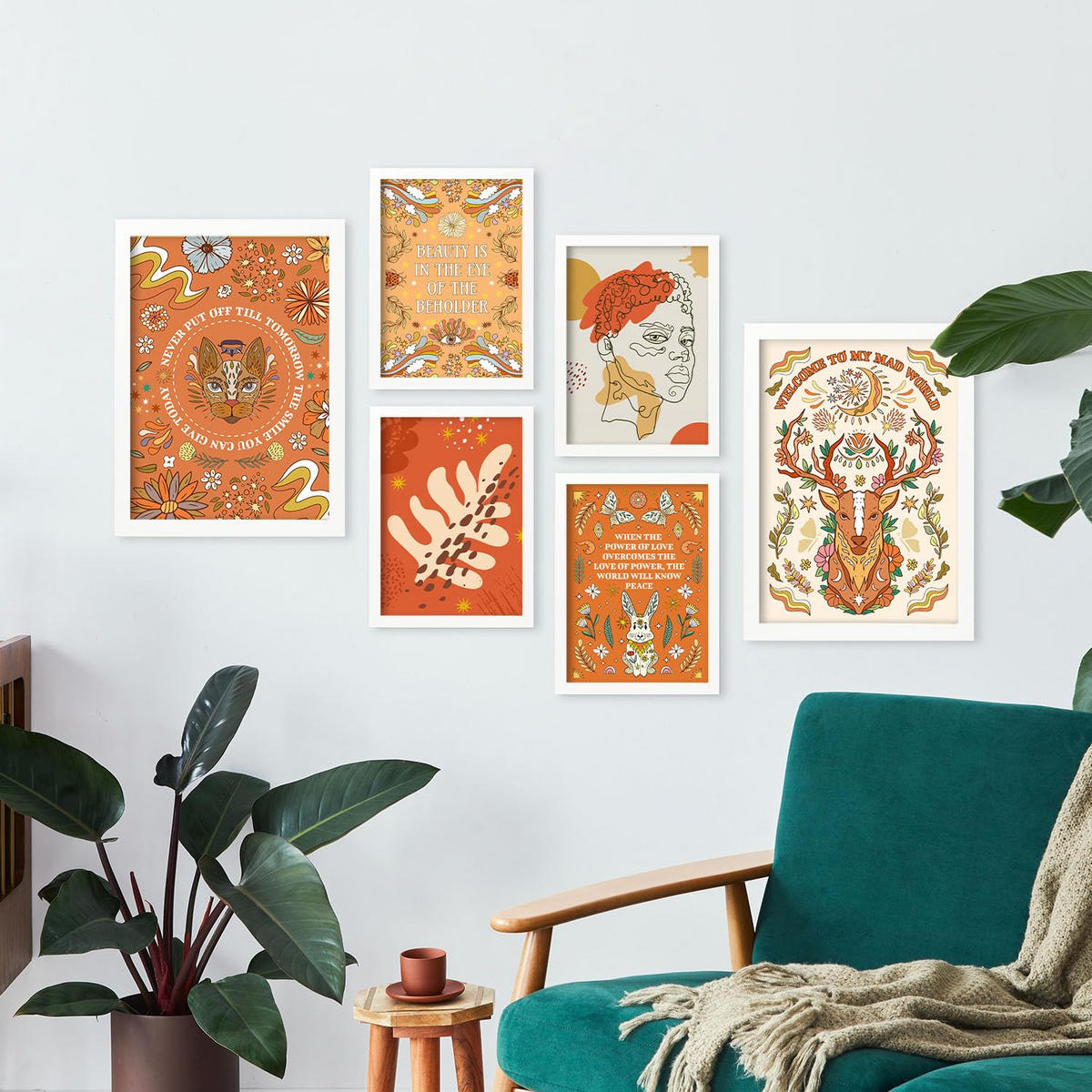 POSTER Set Mit 6 Drucken Von Orange In Brilliant Groovy Style Collection Dekorative Rahmen Für Ihr Zuhause Wandkunstdruck A3 & A4 Weißer Rahmen - Weiß, Papier (29/3cm) - Nacnic