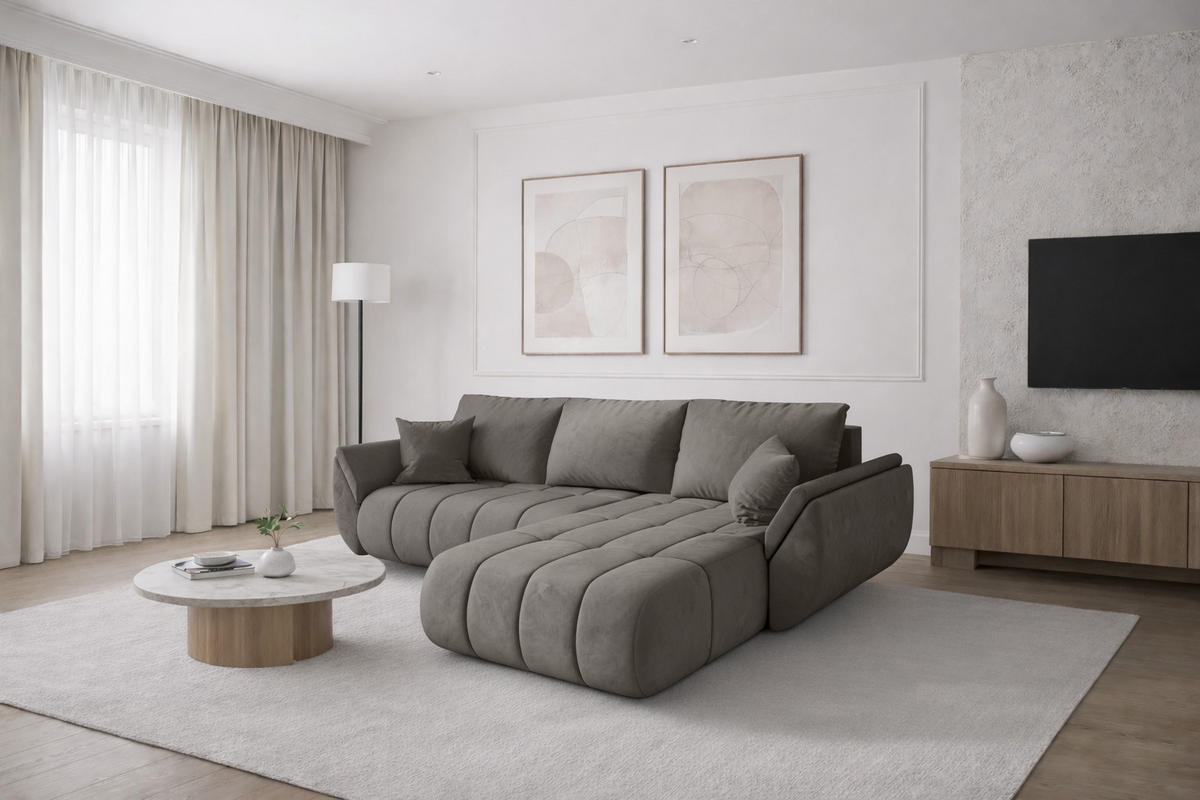 ECKSOFA TOKYO PREMIUM mit Schlaffunktion, Stoff MONOLITH, Hellgrau, Rechts - Hellgrau, Holz (280/190cm) - Kaiser Möbel