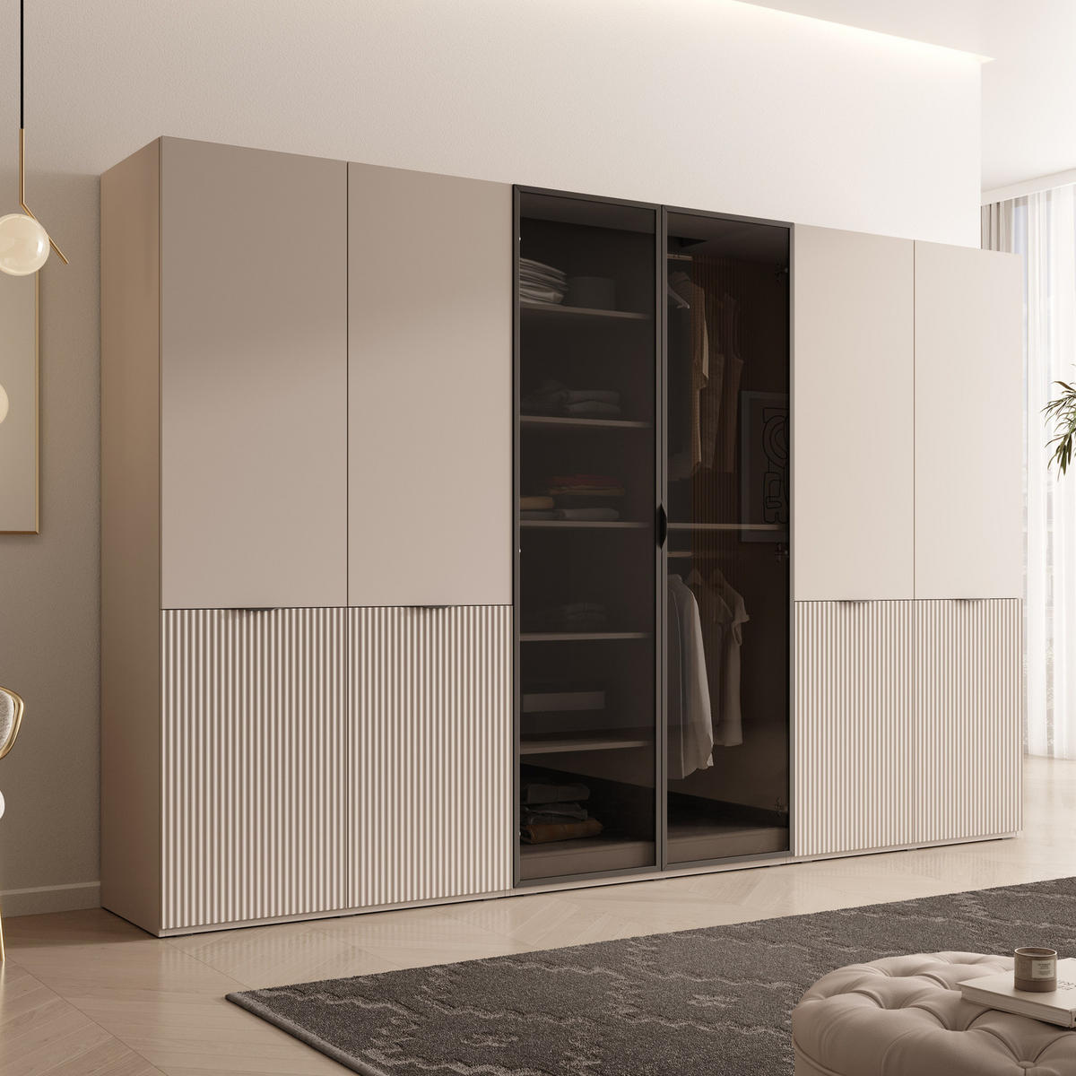 KLEIDERSCHRANK ZEN (Modular, Cashmere Matt, Cashmere & Getöntes Glas Antisol, 6-türig) - Kaschmir/Schwarz, Holz/Holzwerkstoff (303/200/51cm) - Ravio