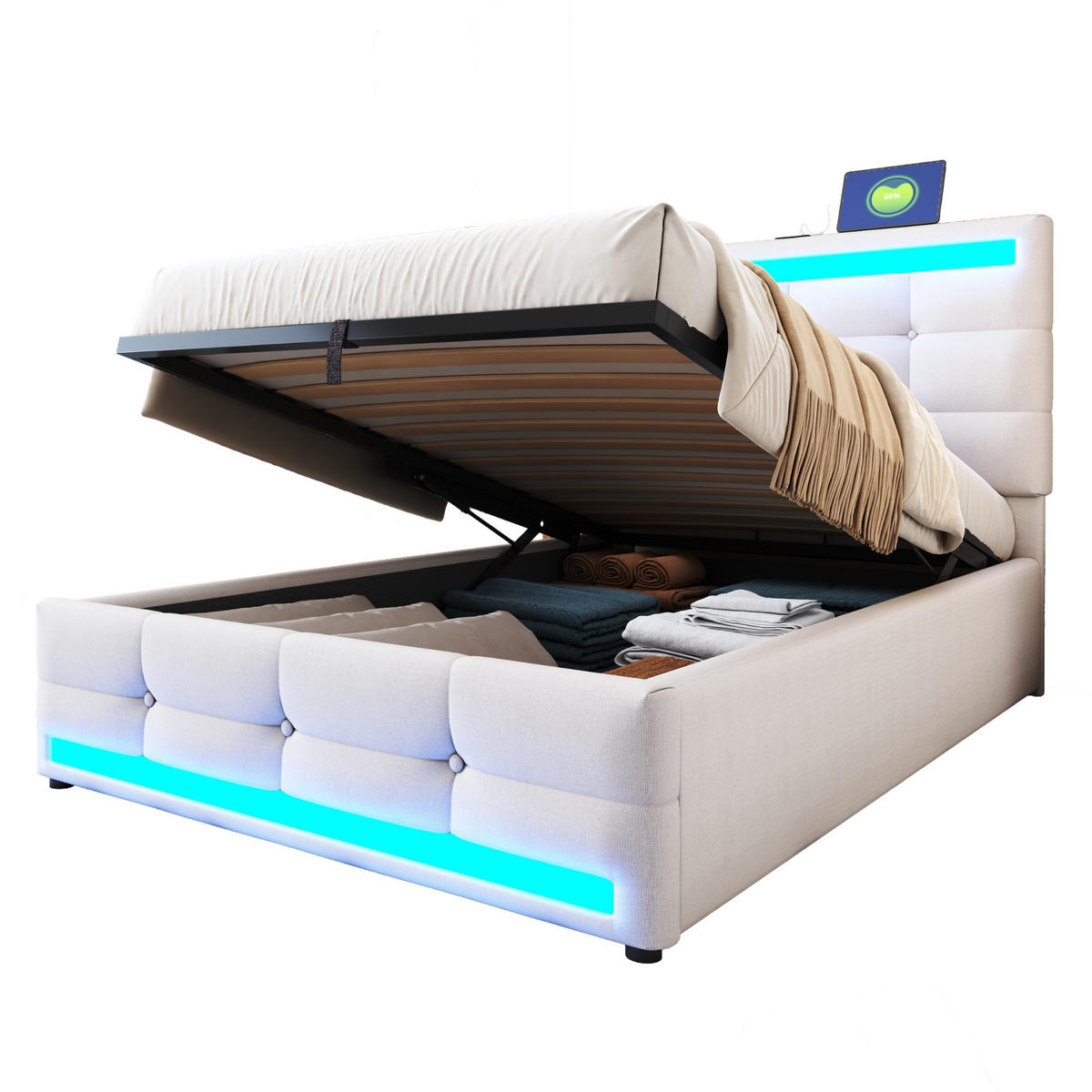 POLSTERBETT aus Leinen 90x200 cm in Beige mit LED & USB - Beige, Textil (90/200cm) - Modfu