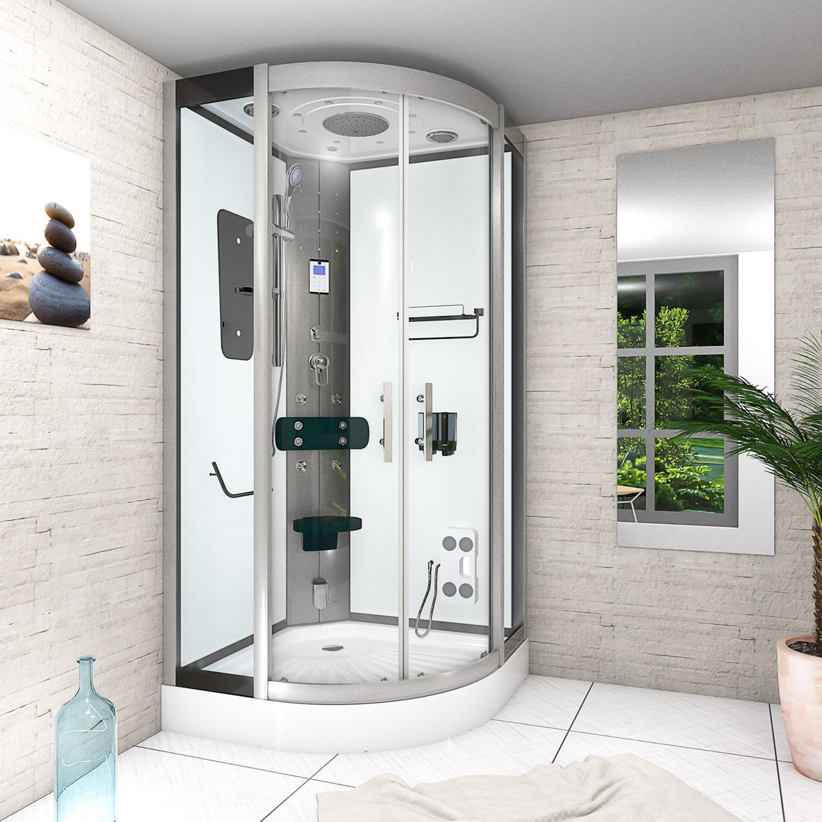 DAMPFDUSCHE Dusche D46-10T2-EC Weiß 90x90 - Weiß, Glas/Kunststoff (90/90/215cm) - AcquaVapore by Sandra Jentho