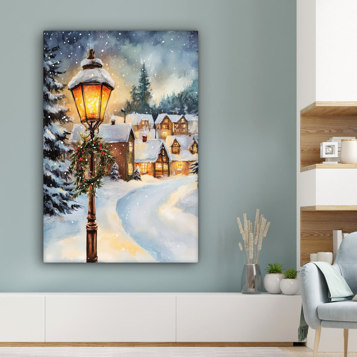 LEINWANDBILD Weihnachtsdorf - Häuser - Schnee - Weihnachten 90x140 cm - Sandfarben, Textil (90/140cm) - MuchoWow