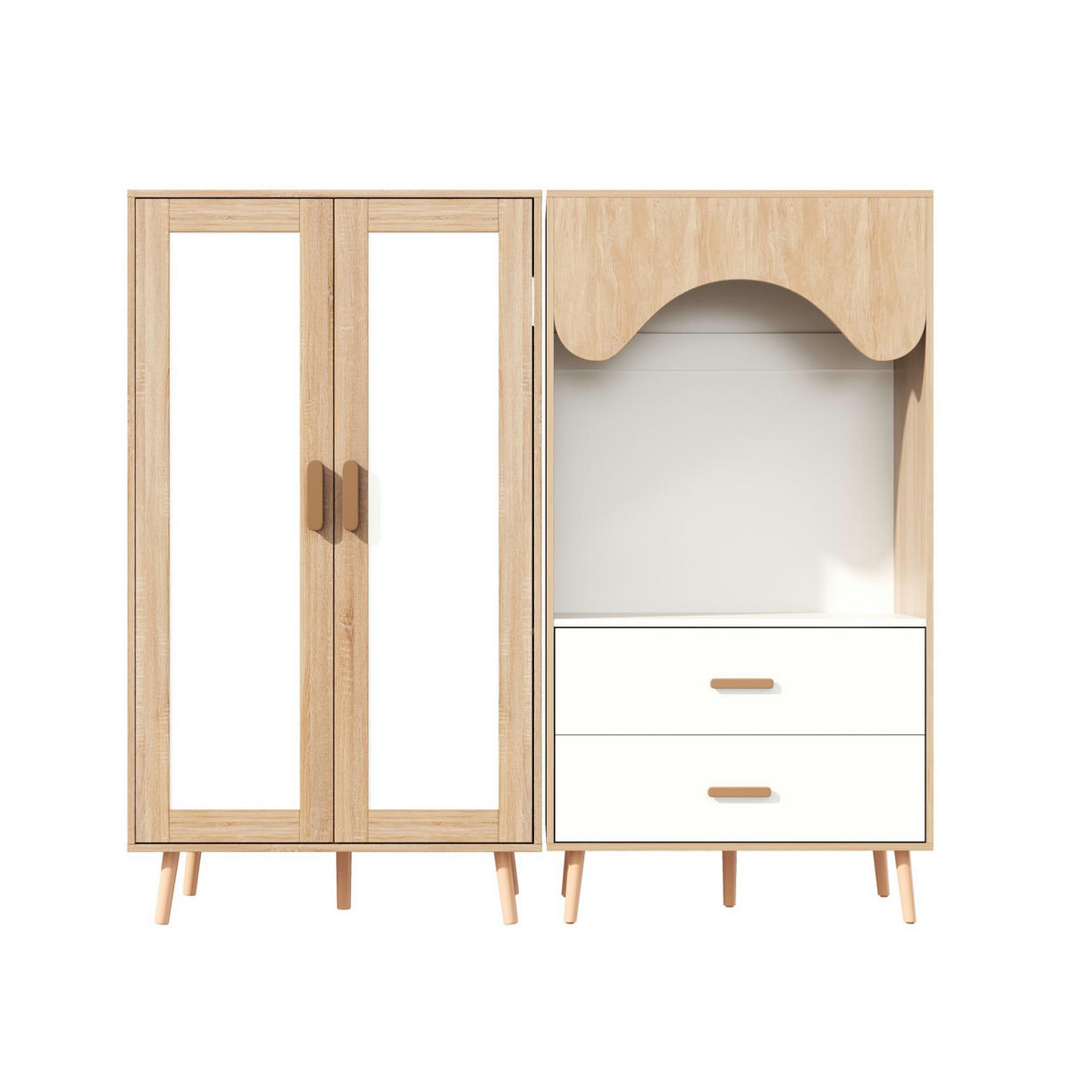 KLEIDERSCHRANK aus MDF 160x46x141,5 cm Natur/Weiß mit Kleiderstange und 2 Schubladen, flexible Aufbewahrung - Naturfarben, Holzwerkstoff (160/141.5/46cm) - Modfu