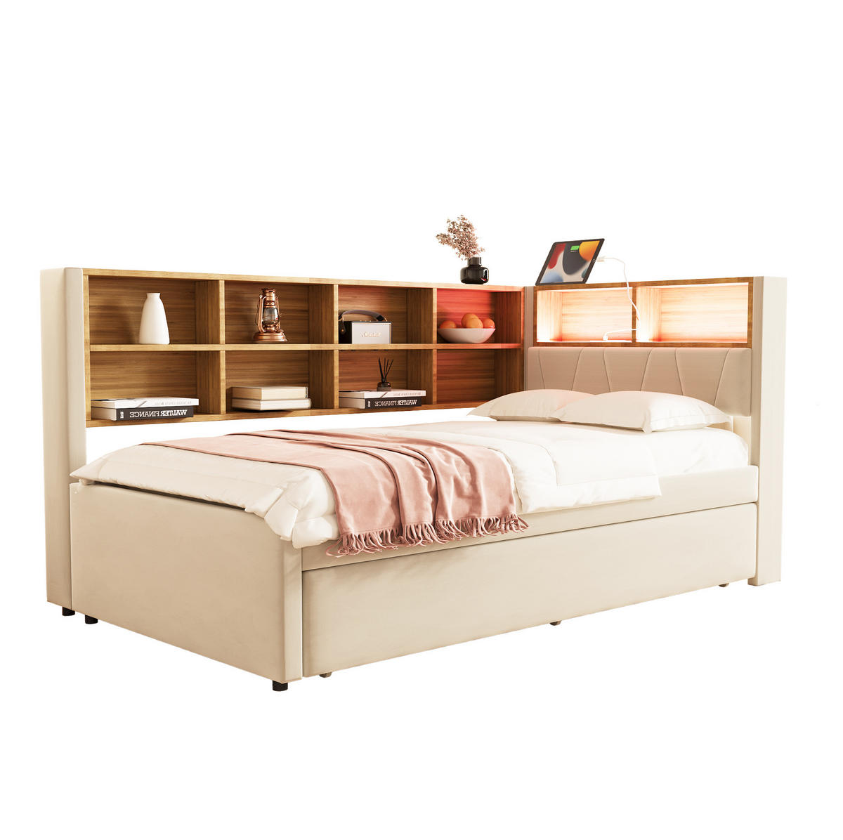 POLSTERBETT 90/200 cm Beige mit LED-Beleuchtung, Stauraum und USB- und Type-C-Anschlüssen - Beige, Textil (90/200cm) - Flora Grace