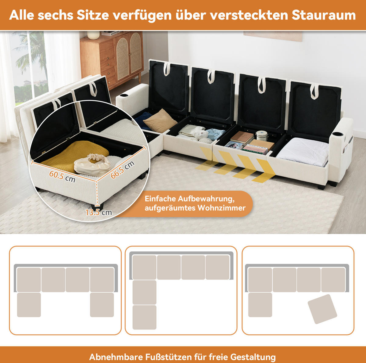 WOHNLANDSCHAFT Cord mit 2 Hockern und USB-Anschluss Stauraum 280/151/82 cm Beige - Beige, Kunststoff/Textil (82/280/151cm) - Redom