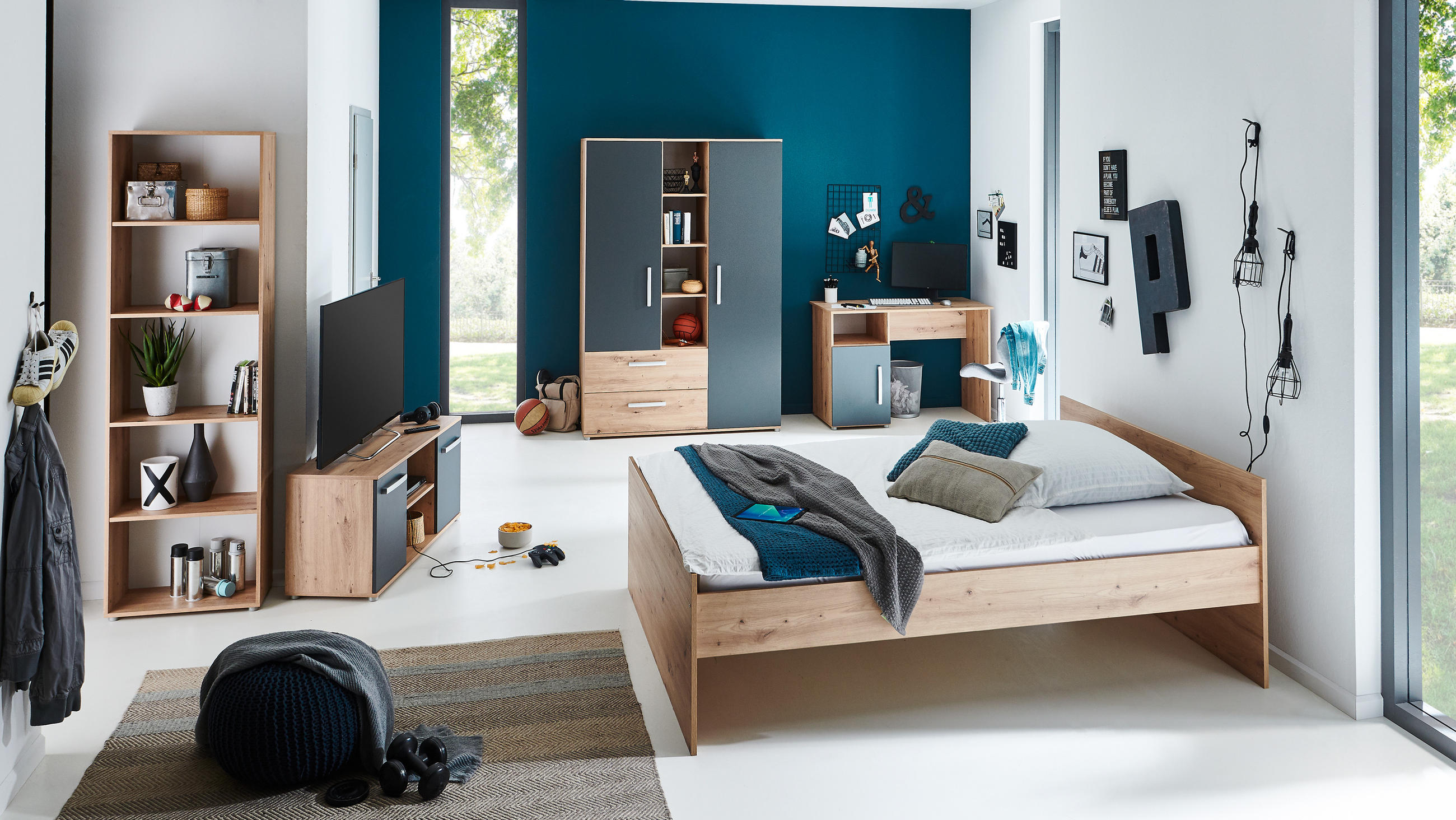 JUGENDZIMMER SET 5-tlg. Alessio - Anthrazit/Silberfarben, Holzwerkstoff/Kunststoff (140/1/200cm) - arthur berndt