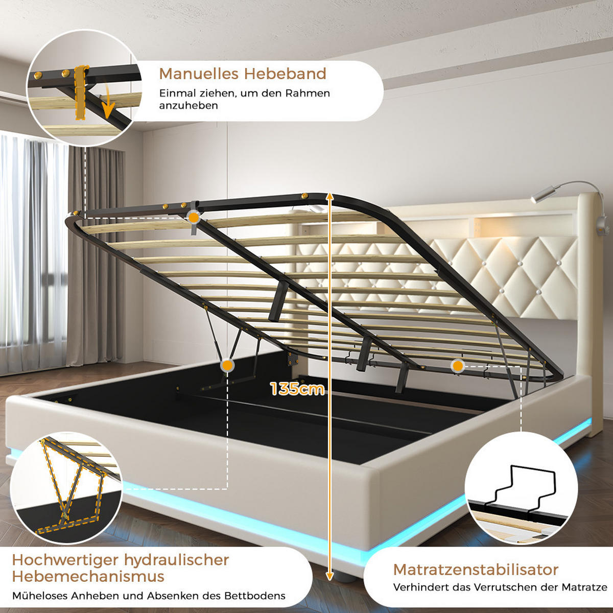 POLSTERBETT 140x190 CM mit LED und USB C- Bettgestell mit Hydraulischem und PU Kopfteil Stauraum, mit 2 Leselampe,2 Personen,Beige,PU - Beige, Metall
