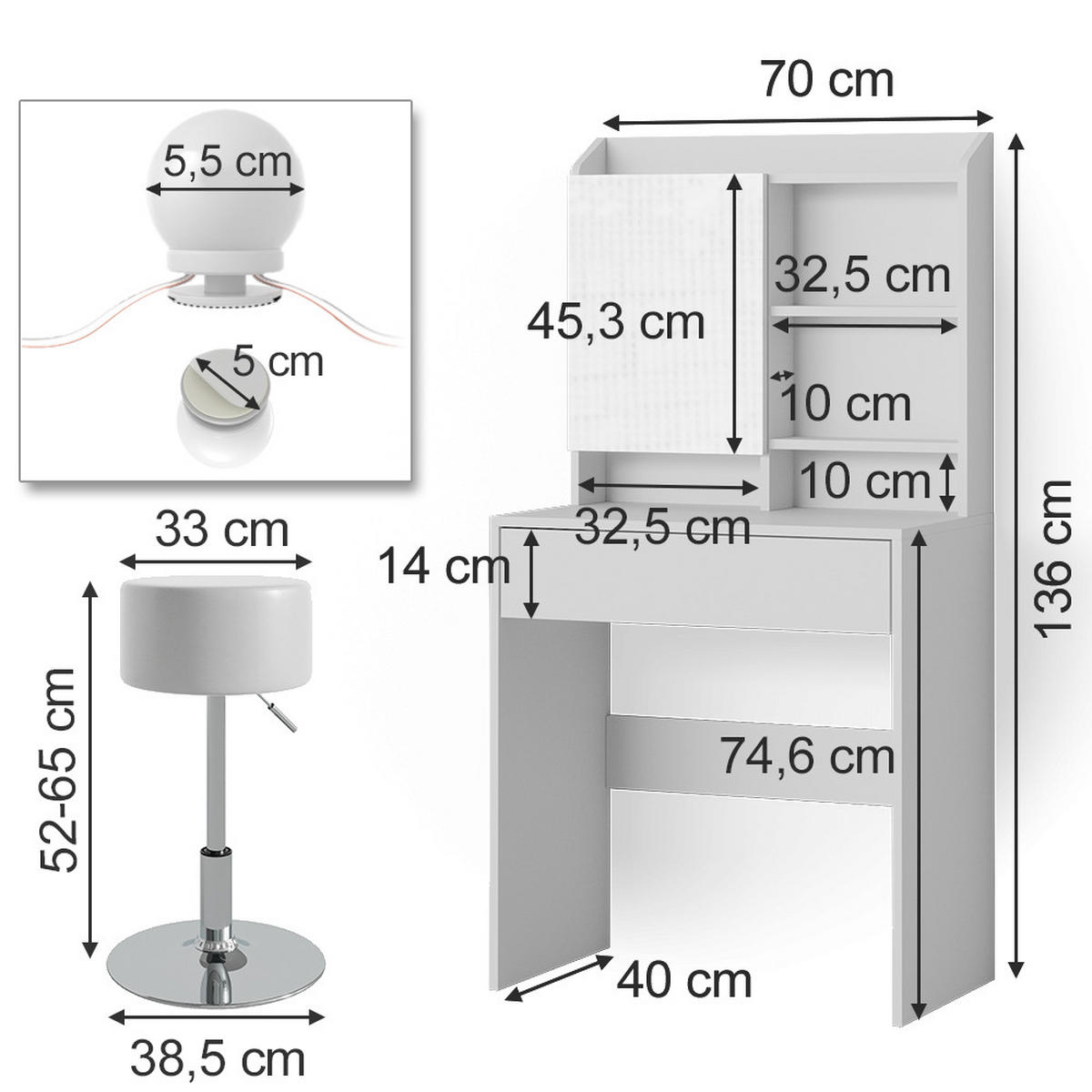 SCHMINKTISCH Laura Weiß 70 cm mit LED Beleuchtung und Hocker - Weiß, Holzwerkstoff (70/136/40cm) - Vicco