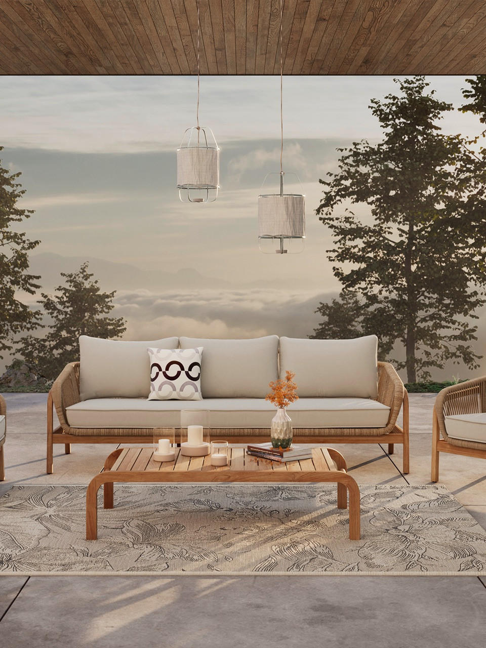 beige lounge auf einer terasse