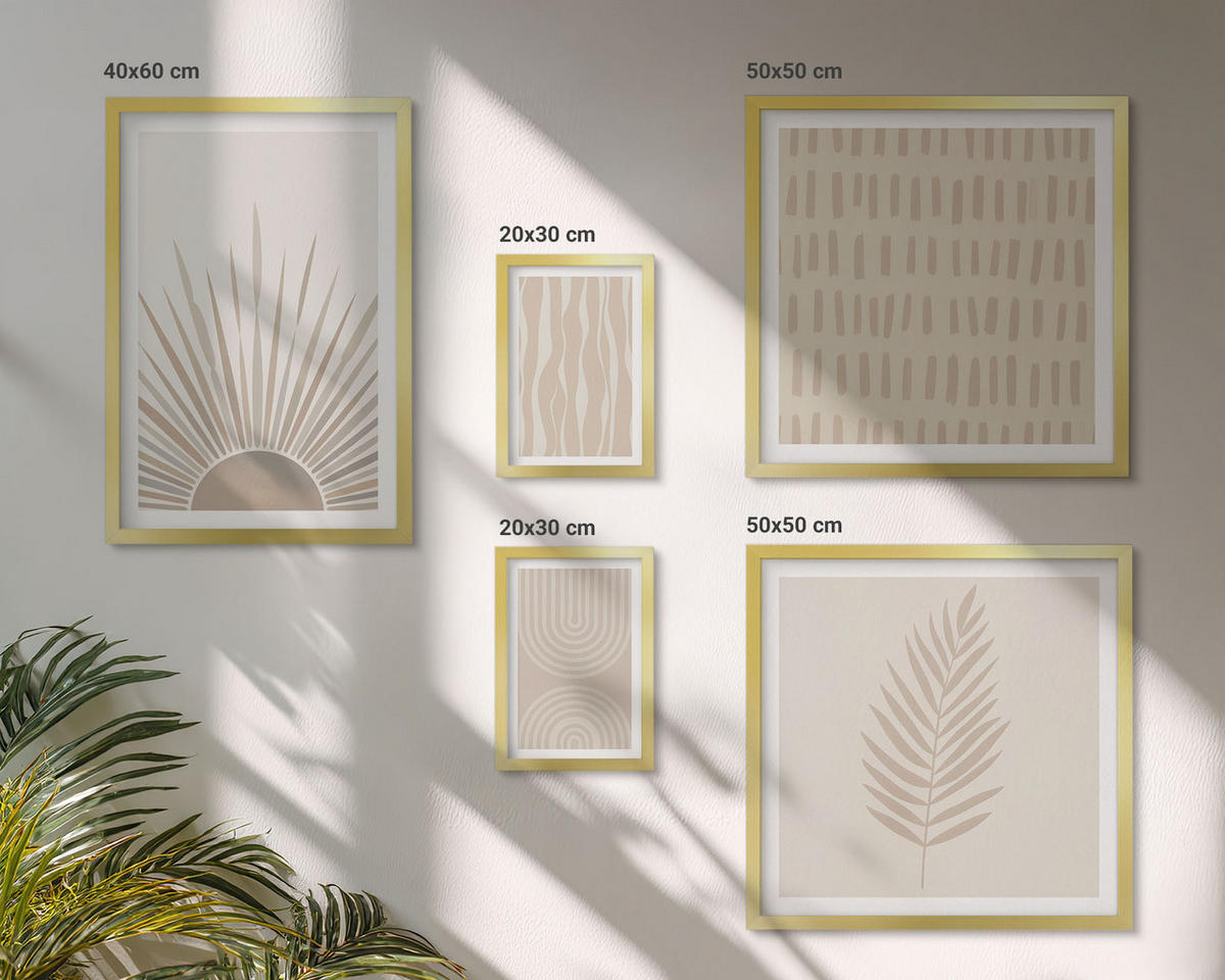 BILDER SET 5er Set - 50x50 cm & 20x30 cm & 40x60 cm Goldrahmen - Beige Pflanzenmuster - Goldfarben, Kunststoff (40/60cm) - TULUP