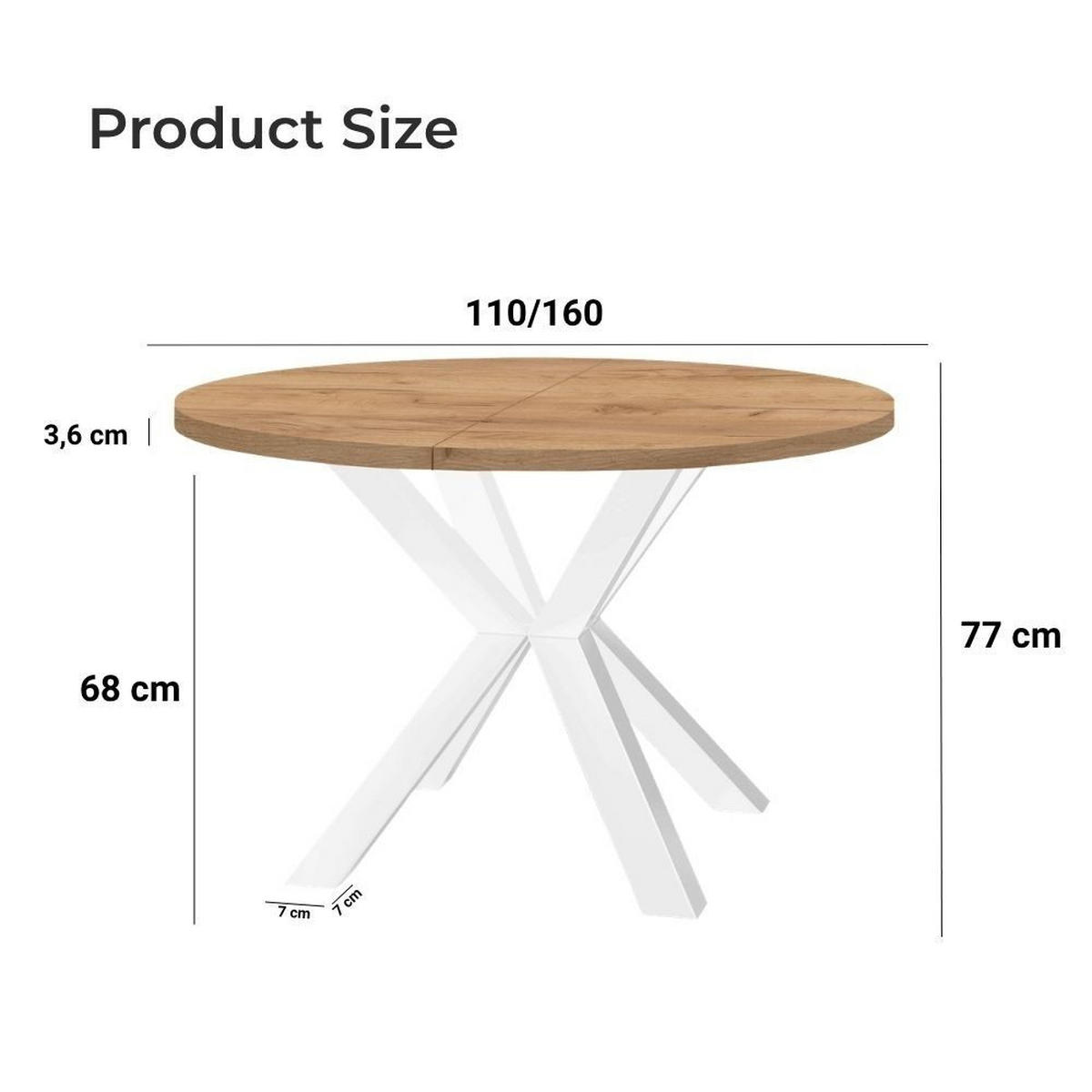 ESSTISCH RAL mit Holzbeinen, Durchmesser: 110 / 160 cm Eiche Lancelot / Weiß - Eichefarben/Weiß, Holz (110/160/77cm) - Dekori_Interiors