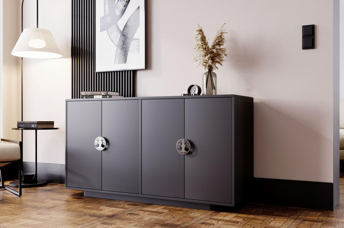 SIDEBOARD Lotta, Schwarz, Silberne Griffen, Abgerundete Kanten - Schwarz, Holzwerkstoff (139/75/40cm) - Dancan