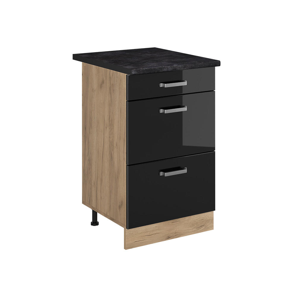 KÖKSUNDERSKÅP R-Line, Svart högblank/Goldkraft ek, 50 cm antracitas stalviršis Svart högglans, Honungsek 81.6/50/60 cm