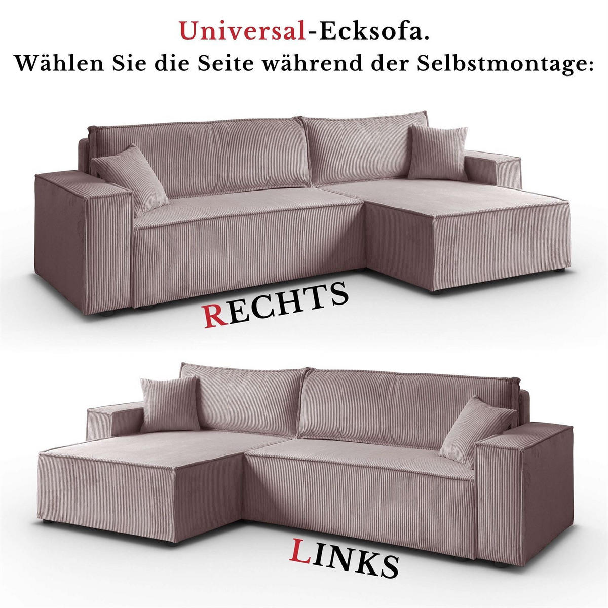 ECKSOFA Gepolstertes CARLO XL Cord mit Schlaffunktion und Bettkasten, Poso 27 - Rosa, Textil (277/143cm) - Lookway