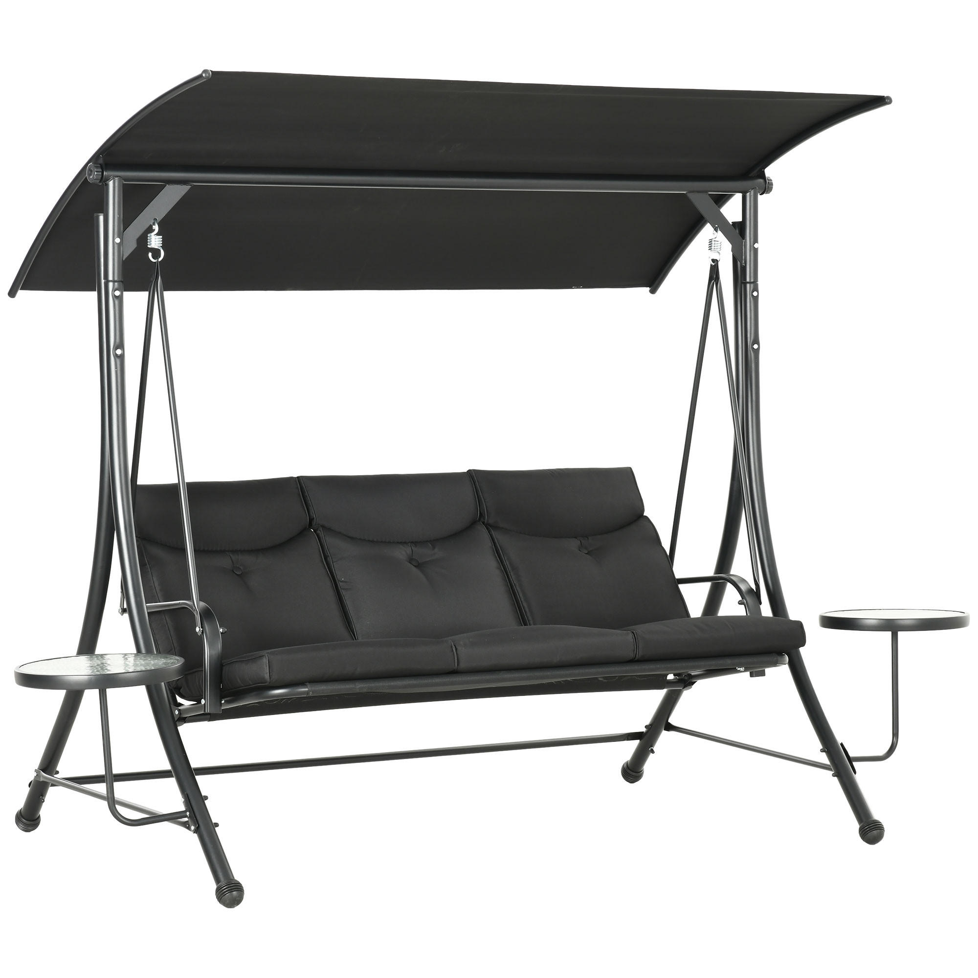 HOLLYWOODSCHAUKEL mit Couchtische 3-Sitzer Gartenschaukel mit Sonnendach Schwarz - Schwarz, Metall (135/177/278cm) - Outsunny