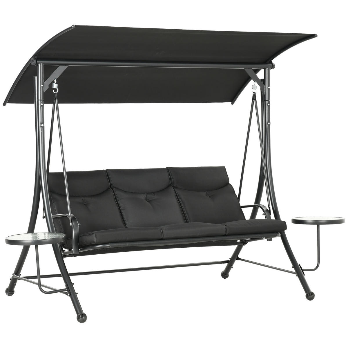 HOLLYWOODSCHAUKEL mit Couchtische 3-Sitzer Gartenschaukel mit Sonnendach Schwarz - Schwarz, Metall (135/177/278cm) - Outsunny