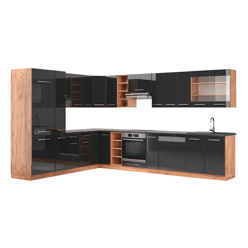 ECKKÜCHE Fame-Line Anthrazit Hochglanz/Goldkraft Eiche 347 x 257 cm AP Anthrazit - Anthrazit/Eiche Wotan, Holzwerkstoff (347/81.6/60cm) - Vicco