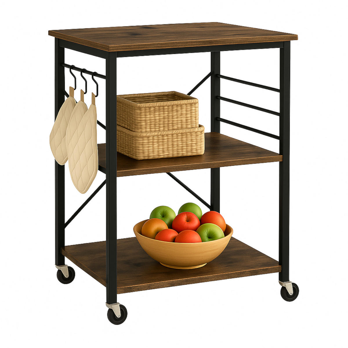 KÜCHENREGAL Holzoptik Metall Dunkelbraun Schwarz mit Rollen 60×40×90 cm - Dunkelbraun/Schwarz, Holzwerkstoff/Metall (40/90/60cm) - Begryf