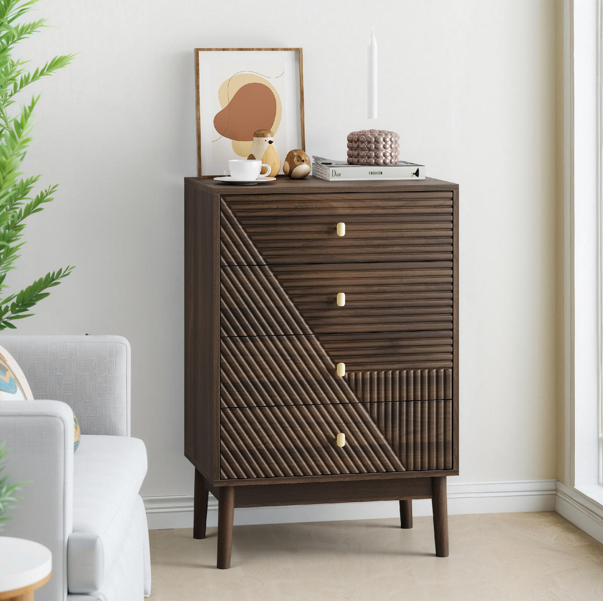 KOMMODE 60/40/90 cm in Walnuss mit 4 Schubladen im Mid-Century-Stil - Walnussfarben, Holzwerkstoff (60/90/40cm) - BEAOK