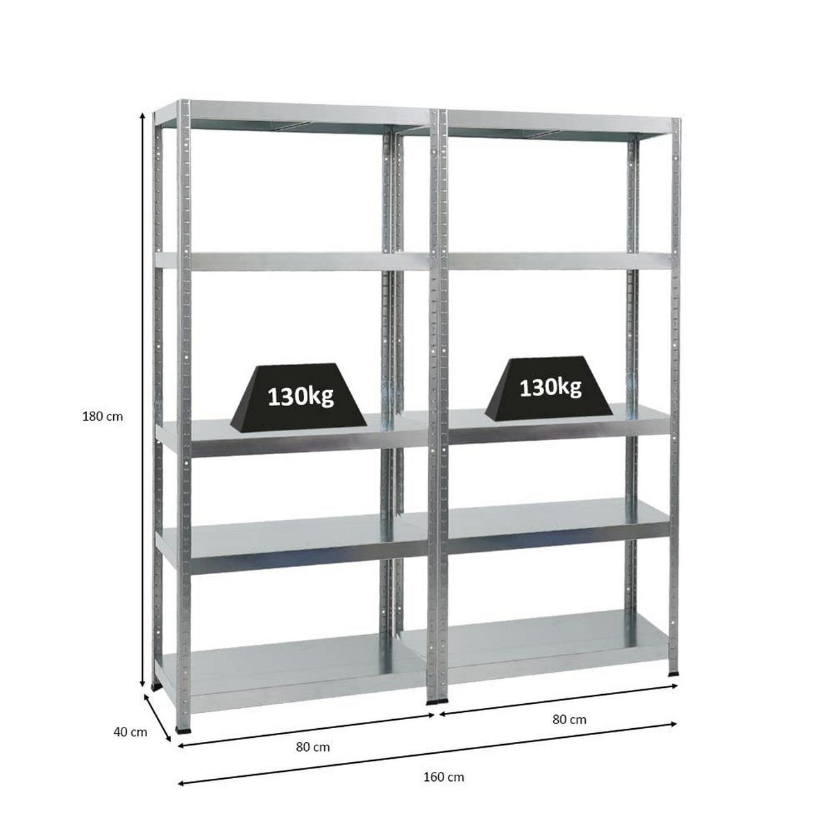 SCHWERLASTREGAL Steel Eagle 2er-Set mit 2x 180x80x40 cm Fachlast 130 kg Verzinkt - Silberfarben, Metall (160/180/40cm) - PROREGAL