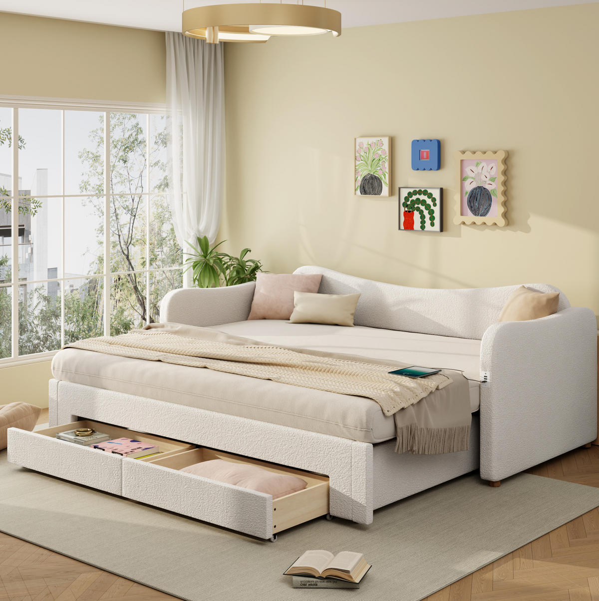 ČALÚNENÁ posteľ z bouclé 90x200 cm béžová, výsuvná na 180x200 cm, s USB a úložným priestorom - béžová, textil (90/200cm) - Modfu