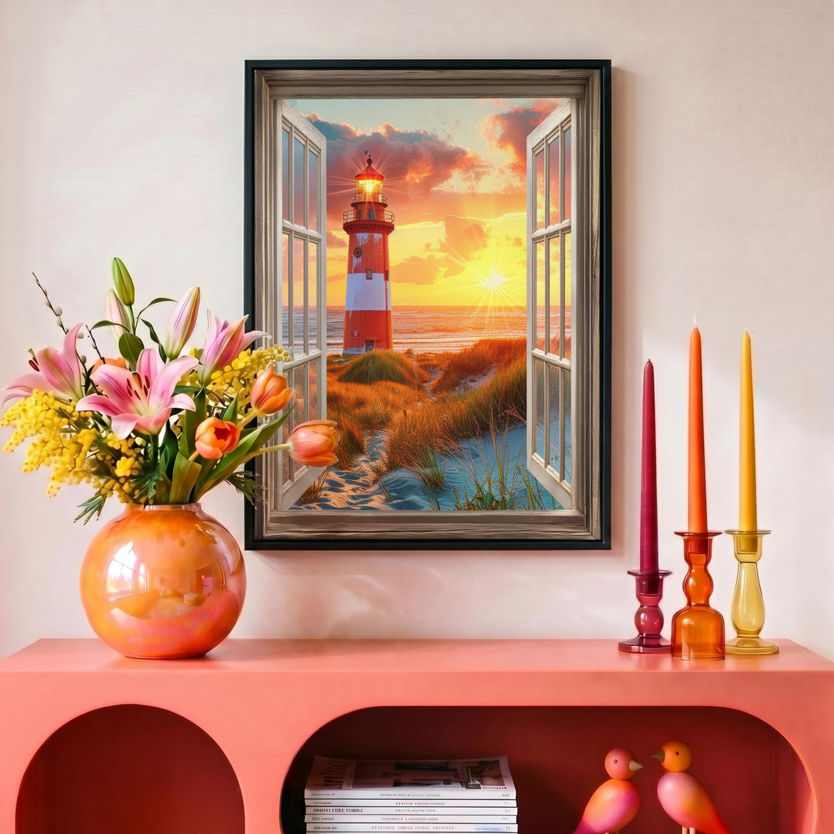 LEINWAND Bilder mit Rahmen - Aussicht - Fenster - Leuchtturm - Sonnenuntergang - Strand - 30x40 - Dunkelorange, Textil (30/40cm) - MuchoWow