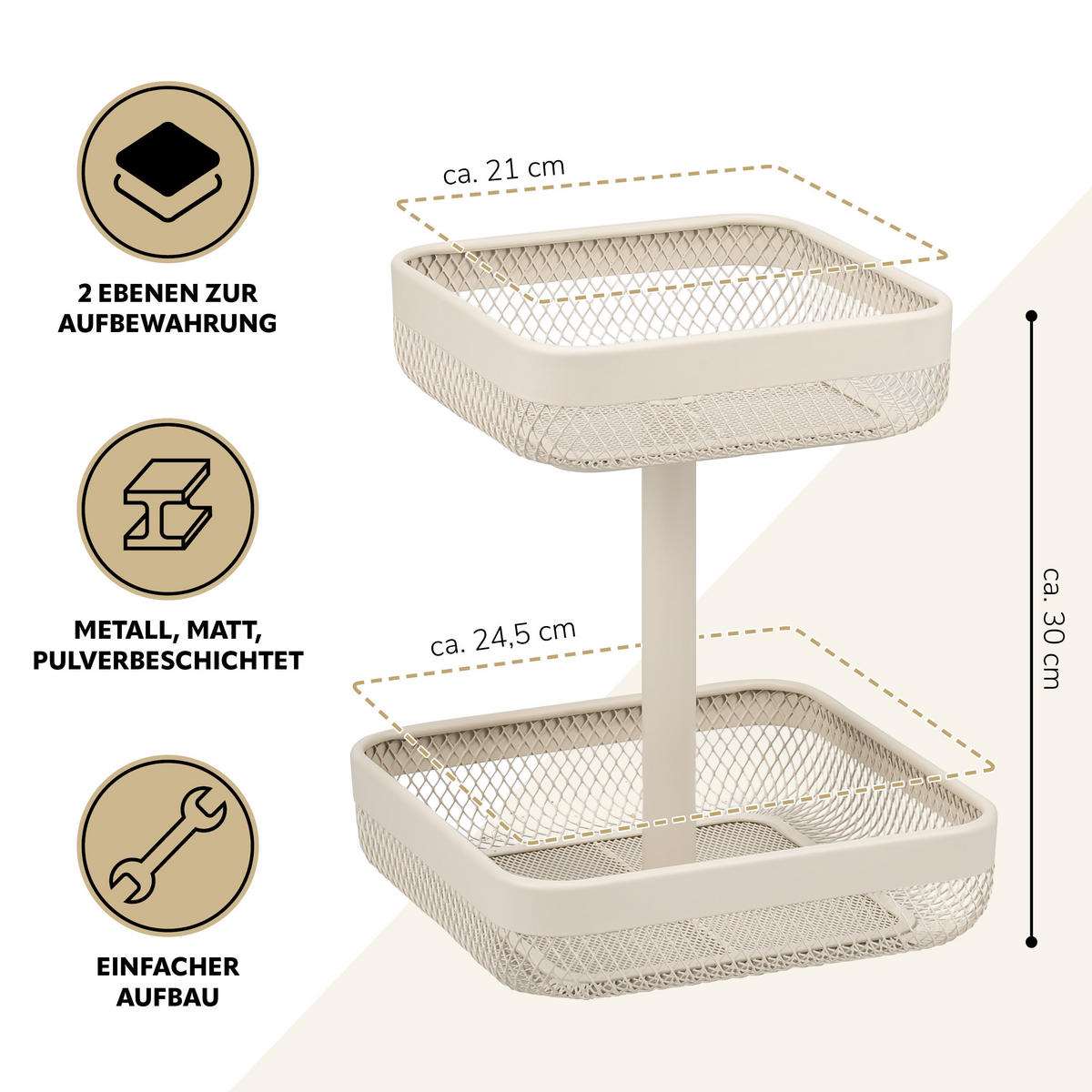 OBSTETAGERE, eckig, 2-stöckig, Ø 20 cm und 25 cm, beige, Metall - Beige, Metall (30cm) - eluno