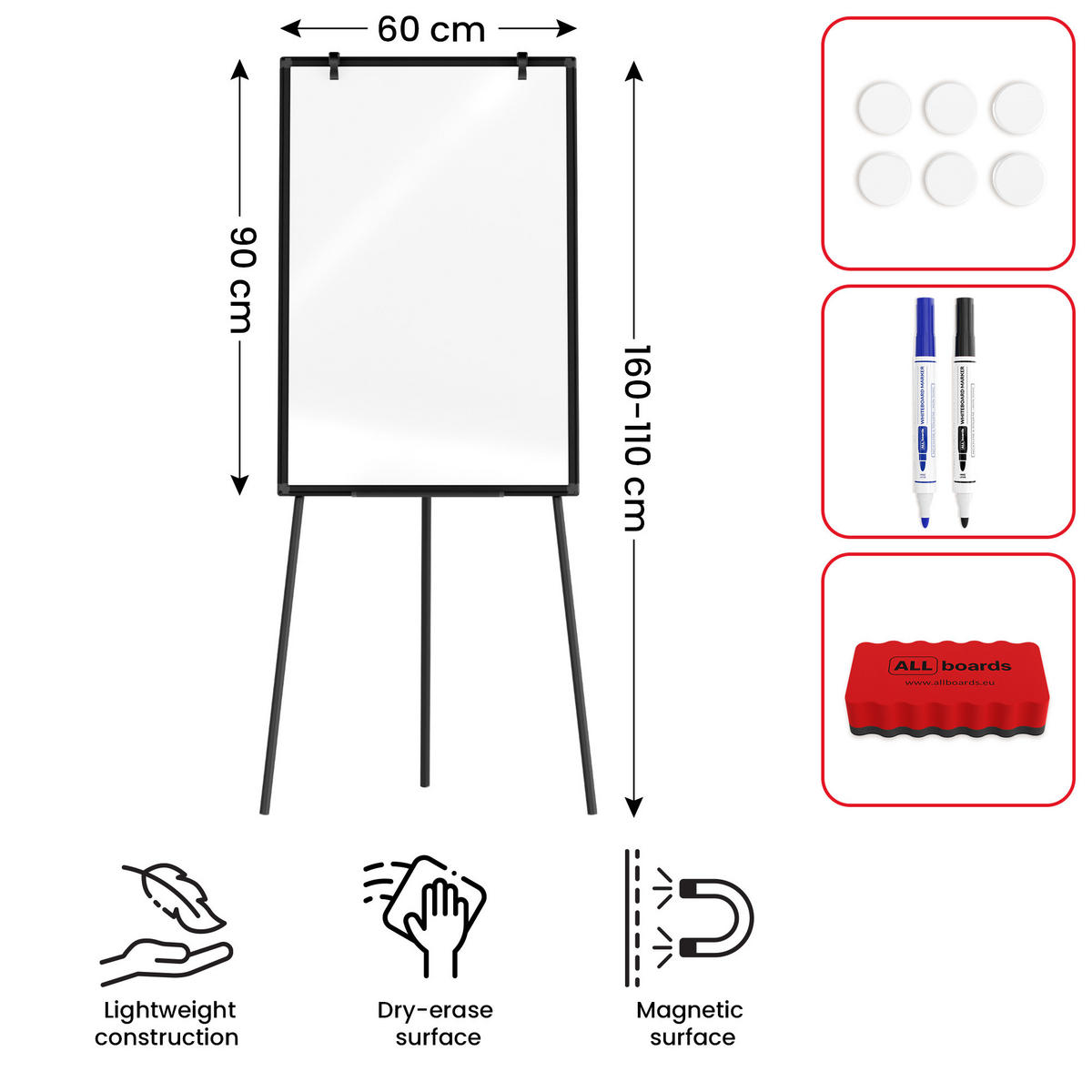 MAGNETISCHES Whiteboard-Flipchart 90x60 cm, Schwarz - Schwarz, Metall (100/70/1.2cm) - ALLboards