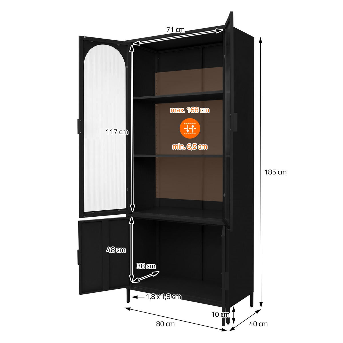 VITRINENSCHRANK 80x185x40 cm Schwarz aus Stahl mit 4 Türen - Schwarz, Metall (80/185/40cm) - ML-DESIGN