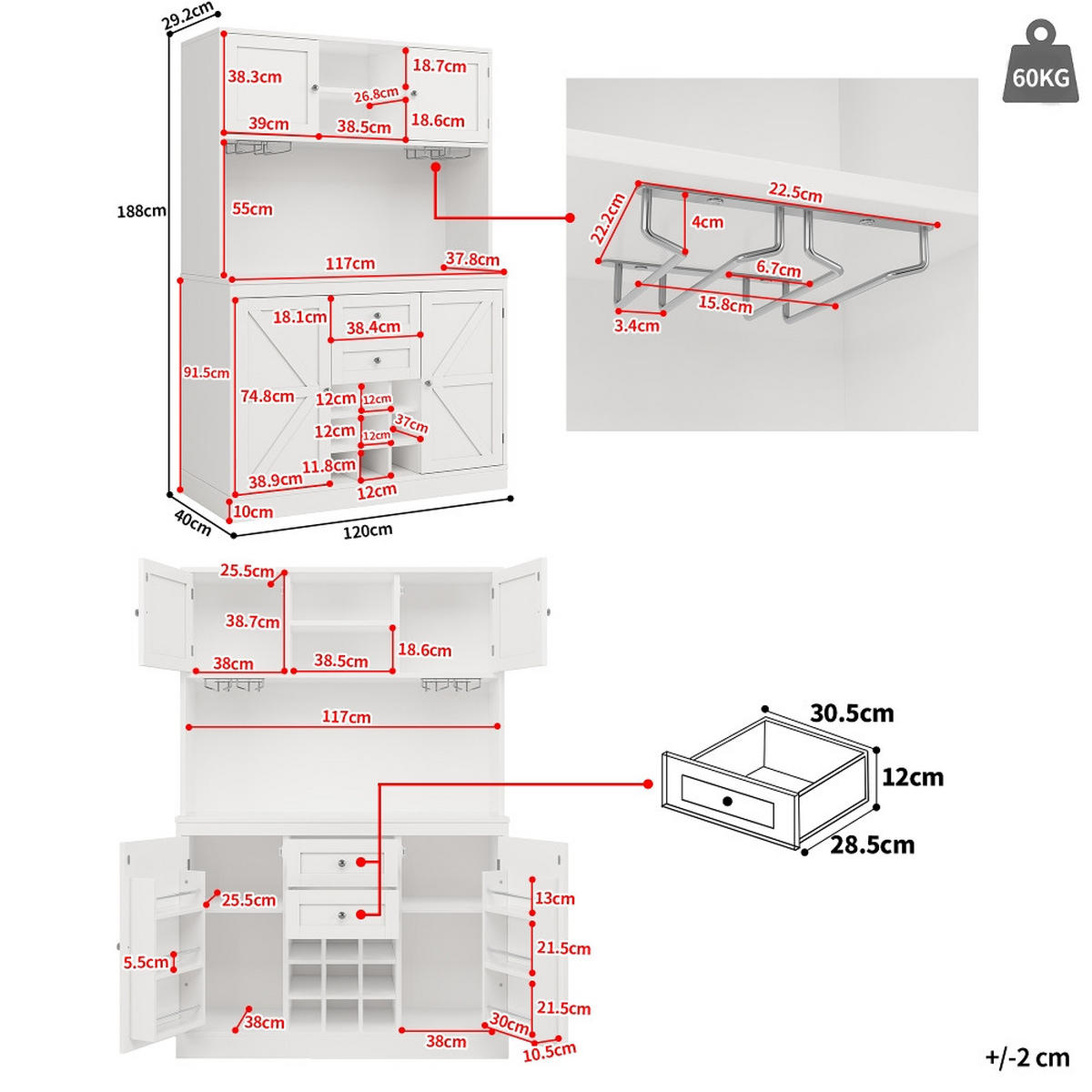 KÜCHENSCHRANK Buffetschrank MIT WEINREGAL MDF Weiß Küche 120/40/188 cm - Weiß, Kunststoff (40/188/120cm) - Rolipo