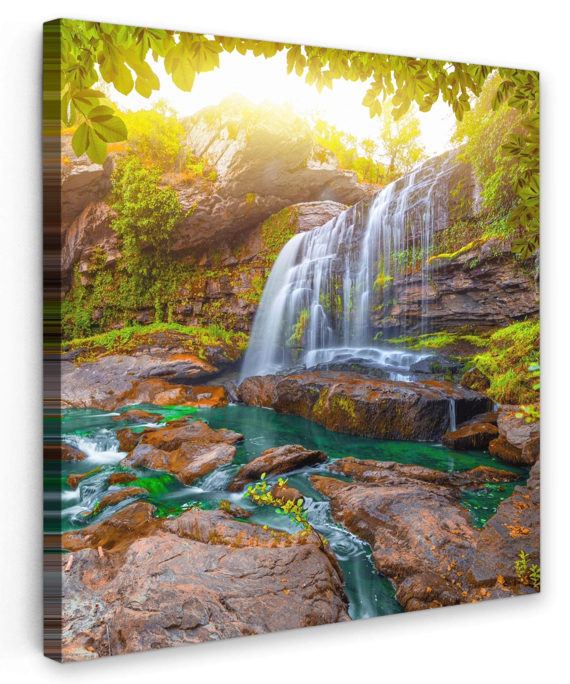 LEINWANDBILD Natur - Wasserfall - Pflanzen - Bäume - Sonne 90x90 cm - Olivgrün, Textil (90/90cm) - MuchoWow