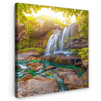 LEINWANDBILD Natur - Wasserfall - Pflanzen - Bäume - Sonne 90x90 cm - Olivgrün, Textil (90/90cm) - MuchoWow