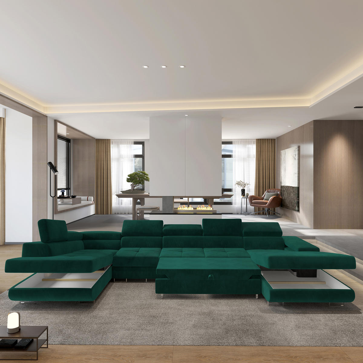 WOHNLANDSCHAFT VELORA L-S Grün Velours-Stoff mit Schlaffunktion - Grün, Holz (419/90/202cm) - MASSENO