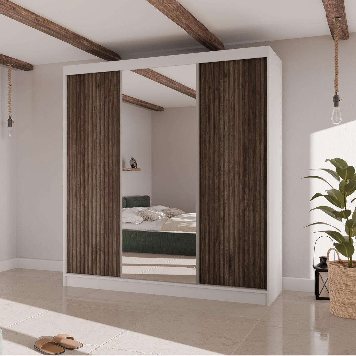 SCHWEBETÜRENSCHRANK Ramos II 200/61/215 eiche weiß+holzfarben - Eichefarben/Weiß, Holzwerkstoff (200/215/61cm) - Beautysofa